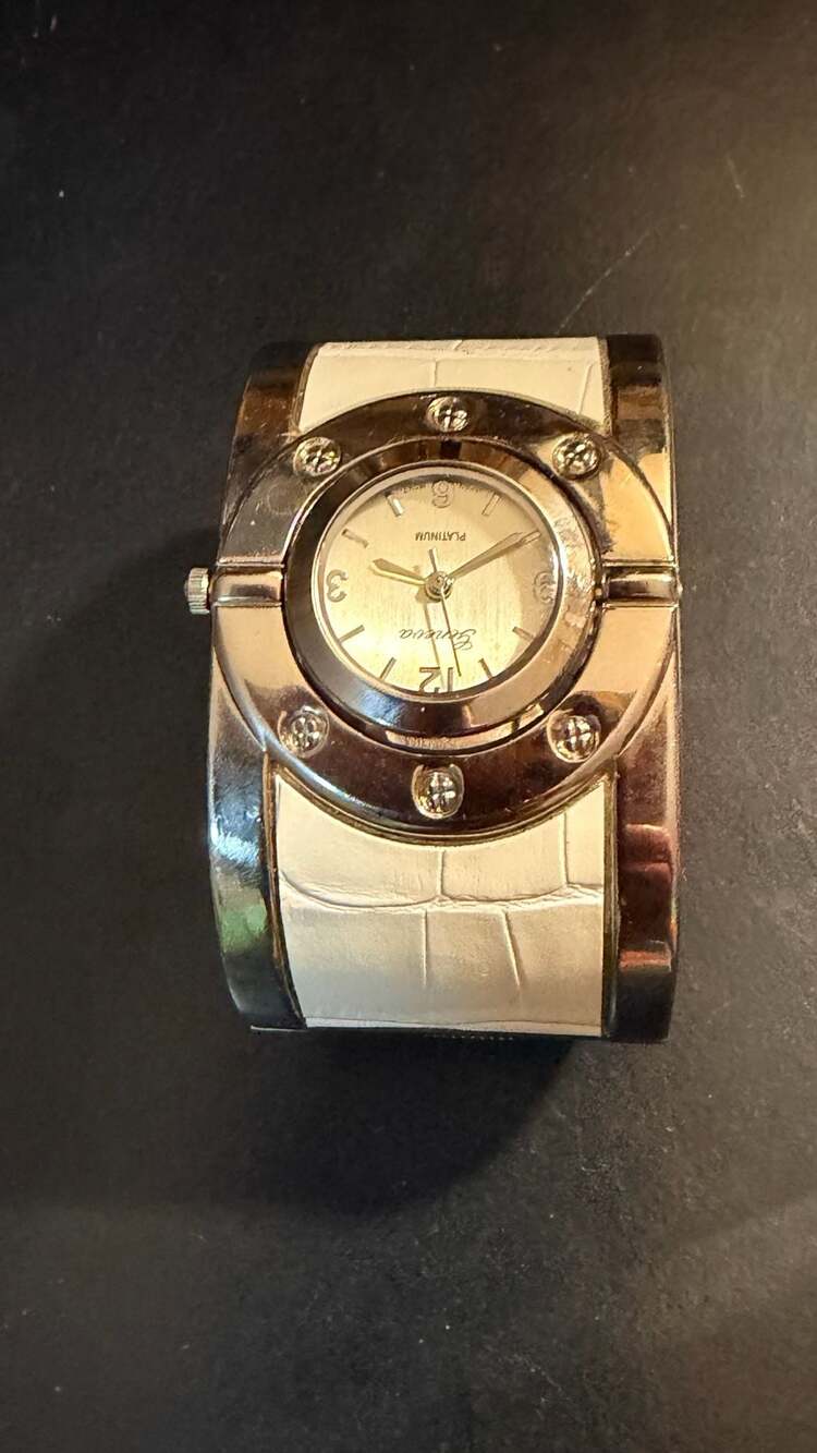 Geneva Platinum White Faux Croc Cuff Watch with Rhinestone Accents